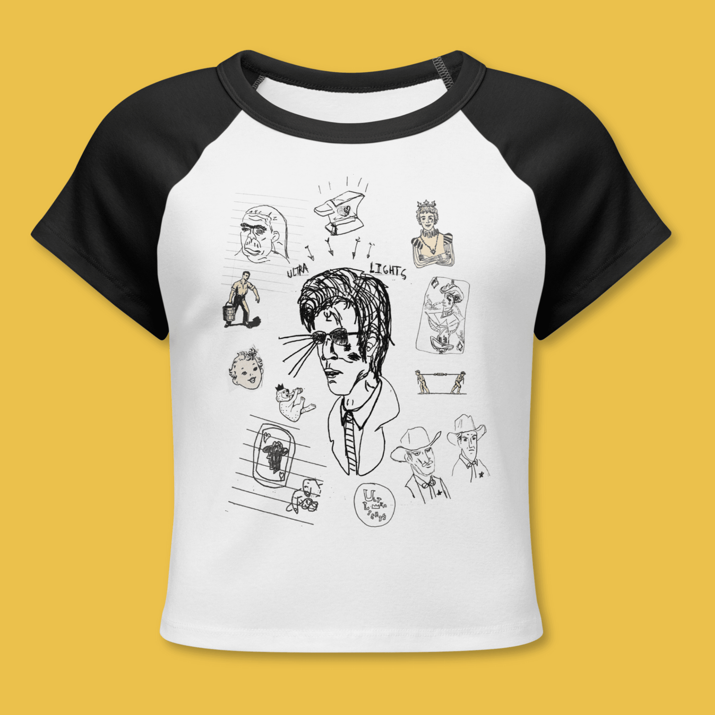Black and white baseball shirt with graphic designs on a yellow background