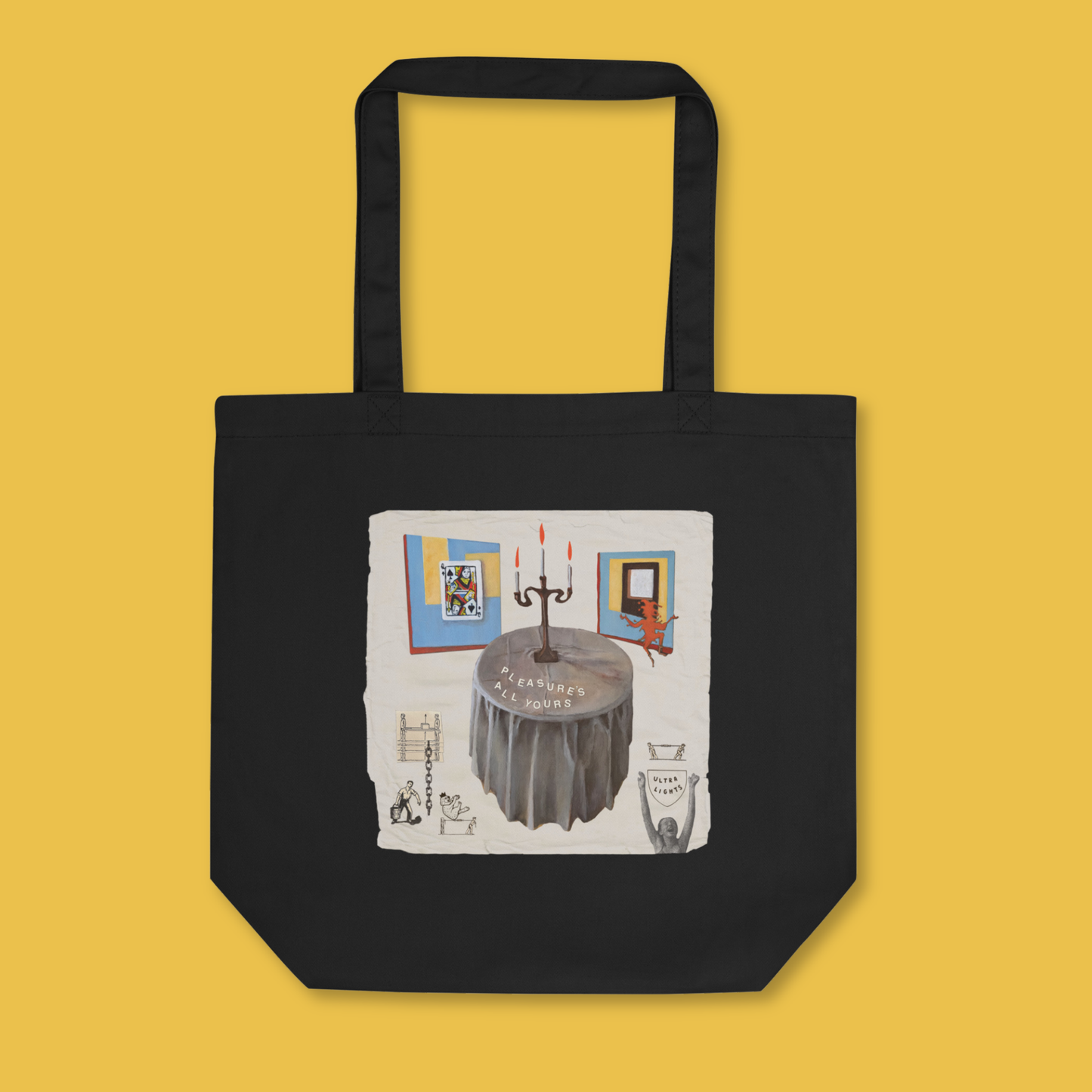 Tote bag with Ultra Lights' album artwork from "Pleasure's All Yours" featuring a table and candle with red flames.