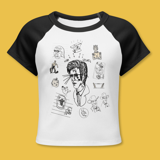 Black and white baseball shirt with graphic designs on a yellow background