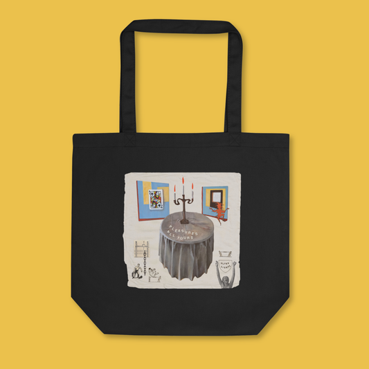 Tote bag with Ultra Lights' album artwork from "Pleasure's All Yours" featuring a table and candle with red flames.